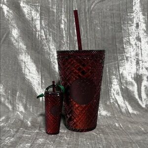 Starbucks 2021 Holiday Red Jeweled Plastic Tumbler Cold Cup 16oz with keychain